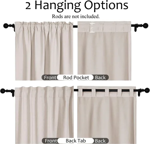 Miniatura 4 de Frelement Cortinas opacas de lino natural, paneles de cortinas con bolsillo para barra y pestaña trasera, para sala de estar, cortinas