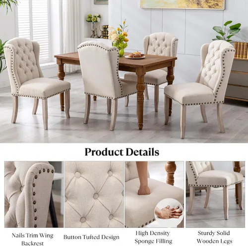 Miniatura 4 de Ya-Home Juego de 2 sillas de comedor copetudas, sillas de comedor tapizadas de lino, sillas de comedor modernas de mediados de siglo con adornos
