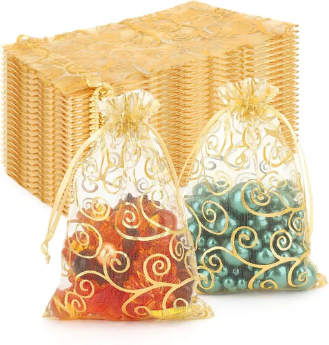 Miniatura 8 de Bolsas de organza doradas, 100 bolsas de organza transparente, bolsa de malla dorada con cordón de 3 x 4 pulgadas, bolsas de regalo impresas