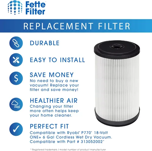 Miniatura 5 de Fette Filter - Filtro de vacío compatible con Ryobi P770 18-Volt ONE+ 6 Gal Filtro de vacío inalámbrico en seco húmedo Parte # 313052002 y A32RF01N