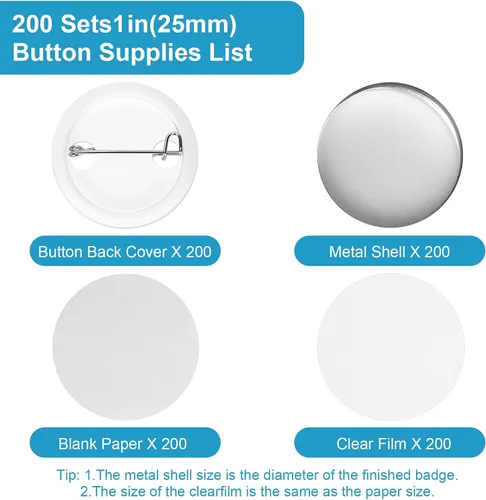 Miniatura 2 de KUNTAERY 200 juegos de suministros para máquina de botones de 1 pulgada, piezas redondas de 25 mm para insignias con cubiertas metálicas, pasadores