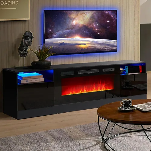 Miniatura 2 de oneinmil Soporte de TV con chimenea eléctrica de 36 pulgadas, centro de entretenimiento con luz LED, soporte de entretenimiento con textura