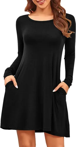 HiMONE Vestidos de manga larga para mujer, vestido negro, vestidos casuales cortos tipo camiseta