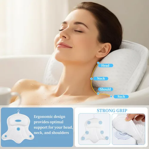 Miniatura 2 de AmazeFan Almohada de baño de lujo, almohada ergonómica para bañera y spa con tecnología de malla de aire 4D y 6 ventosas, ayuda a apoyar la cabeza