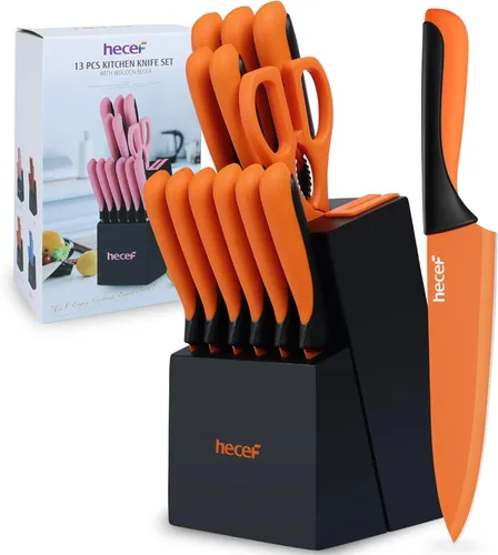 Miniatura 10 de hecef Juego de cuchillos de cocina de 15 piezas con bloque de madera con afilador integrado, apto para lavavajillas, juego de bloques de cuchillos