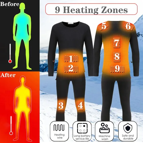 Miniatura 2 de Conjunto de ropa interior térmica con calefacción, ropa interior con calefacción USB para hombre, capa base de 9 zonas calentadas