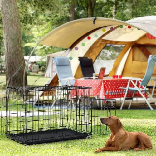 Miniatura 5 de Dopinmin Jaula grande para perros de 42 pulgadas, jaula de doble puerta para mascotas, jaula plegable de alambre de metal con panel divisor, bandeja