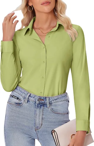 Miniatura 23 de siliteelon Camisas con botones para mujer, ajustadas, de manga larga, elásticas, de vestir, camisas de trabajo, sin arrugas, blusas de oficina