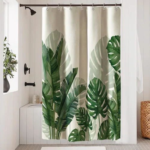 Miniatura 9 de Baccessor Cortina de ducha de lino con hojas verdes tropicales, cortinas de ducha botánicas de plátano, hoja de Monstera, palmera, repelente al Hoja