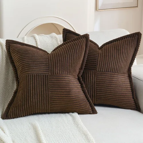 Miniatura 32 de HAUSSY Paquete de 2 fundas de almohada de 16 x 16 pulgadas, fundas decorativas de pana suave, estilo bohemio, a rayas, sólidas, decoración