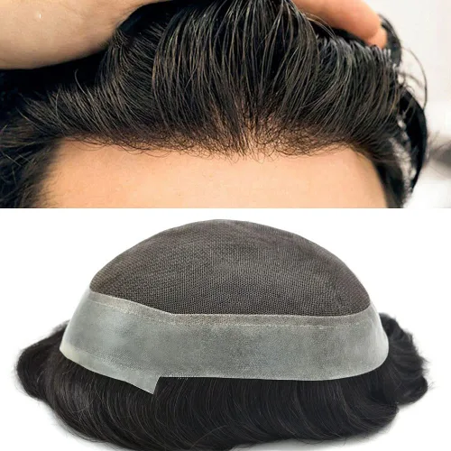 Miniatura 18 de Tupé para hombre, pieza de cabello humano real, encaje francés con piel de poliéster alrededor del sistema de cabello, 8 x 10 pulgadas, unidad