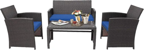 Miniatura 16 de HAPPYGRILL Juego de 4 muebles de mimbre para exteriores con mesa de centro de vidrio templado, cojines suaves, juego de sillas de ratán resistentes