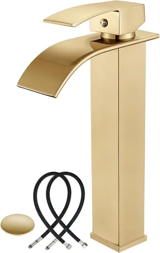 Midanya Grifos altos para lavabo en cascada, lavabo de baño con una sola manija, 1 agujero, moderno, con mangueras de drenaje emergentes y Oro