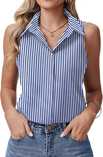 Miniatura 18 de HOTOUCH Camisas sin mangas con botones ocultos para mujer, frente con botones ocultos, cuello, blusas casuales elegantes holgadas para oficina