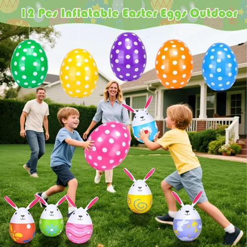 Miniatura 6 de 12 huevos de Pascua inflables para decoración al aire libre, huevos de Pascua gigantes de 20 pulgadas, conejitos de 16 pulgadas, de PVC, coloridos