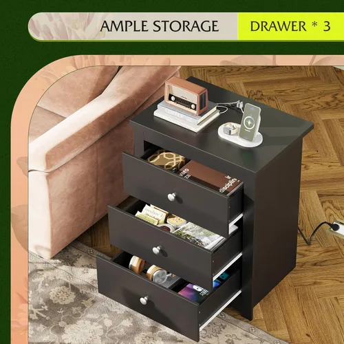 Miniatura 5 de WLIVE Mesita de noche alta con estación de carga, mesita de noche de madera con 3 cajones de almacenamiento, mesas auxiliares con 2 puertos USB