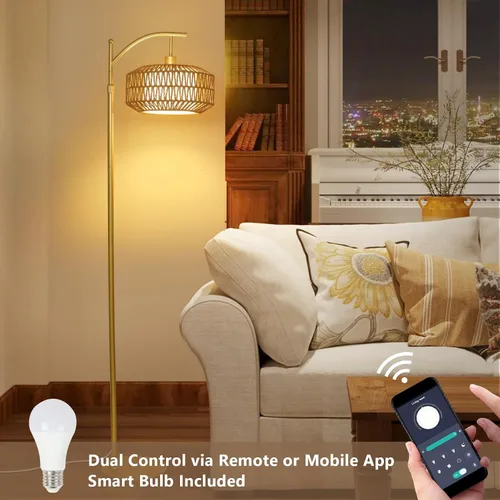 Miniatura 2 de LAMSU Lámpara de pie Arc Gold con control remoto y bombilla LED, lámparas de pie regulables para sala de estar con pantallas de ratán y tela
