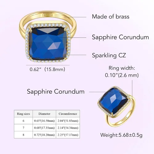 Miniatura 2 de Jupiter Anillos de piedras preciosas naturales, chapado en oro de 14 quilates, anillo cuadrado de piedras preciosas auténticas con circonita