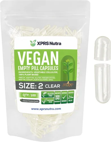 XPRS Nutra Cápsulas vacías tamaño 2 – 100 cápsulas veganas vacías transparentes – Píldora vegetariana – Llenado de cápsulas vegetales de bricolaje –