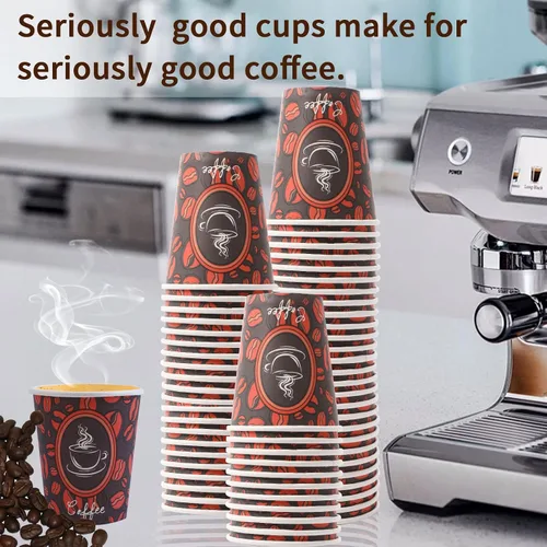 Miniatura 4 de Tazas de café de papel desechables con tapas, perfectas para té y bebidas calientes, paquete de 100 (8 onzas, diseño de grano de café)