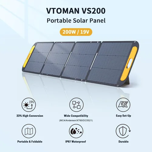Miniatura 4 de VTOMAN VS200 Panel Solar Portátil para Estación de Energía, Panel Solar Plegable de 200W 19V con Soporte, Kit de Panel Solar Impermeable IP67
