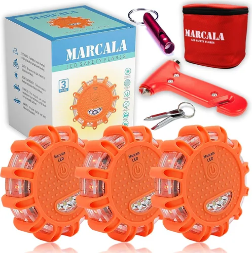 Marcala Paquete de 3 luces de emergencia para vehículos | Baldosas de emergencia compatibles con DOT para automóvil con baterías, silbato y funda,