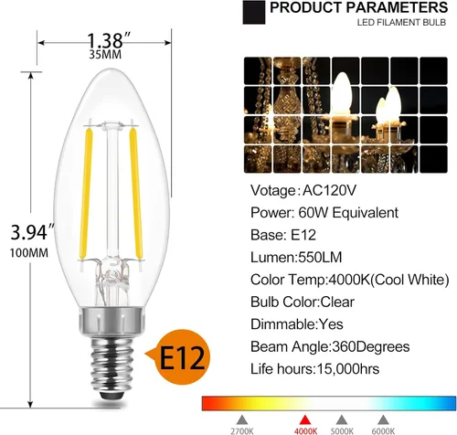 Miniatura 2 de Energetic - Bombilla LED E12 clásica regulable transparente, equivalente a 60 W, 550 lúmenes, blanco frío 4000 K, bombilla de filamento de vidrio