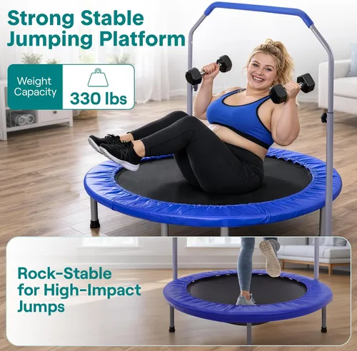 Miniatura 2 de SereneLife Mini trampolín plegable de 40 pulgadas para adultos, rebotador de fitness compacto con mango de espuma ajustable, trampolín de ejercicio