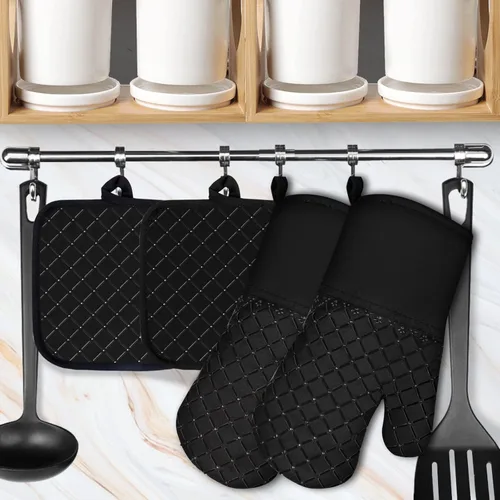 Miniatura 2 de Juego de 4 manoplas de horno y soportes para ollas de 500°F, soportes para ollas de cocina resistentes al calor, guantes de horno antideslizantes