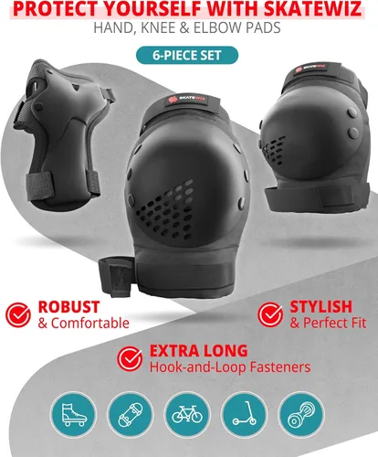 Miniatura 6 de SKATEWIZ Juego de almohadillas de protección para patineta para niños y adultos - Smash - Almohadillas para patines [6 piezas] con protectores