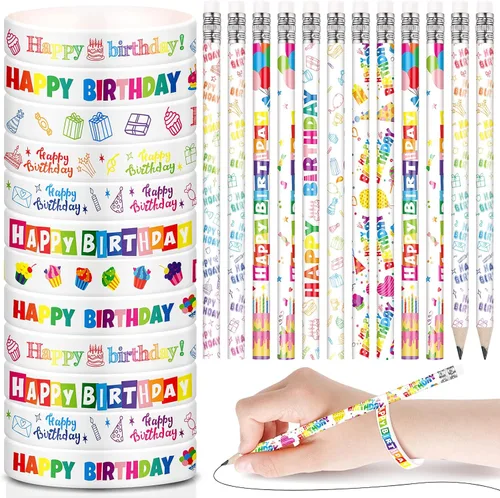 Miniatura 9 de Sabary Juego de 48 pulseras de goma para lápices de feliz cumpleaños, recuerdos de fiesta de cumpleaños, pulseras de silicona para niños, Arcoír