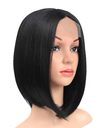 Miniatura 3 de Pelucas negras estilo Bob pelucas cortas y rectas para mujer, pelo sintético resistente al calor, parte media, aspecto natural, uso diario, cosplay