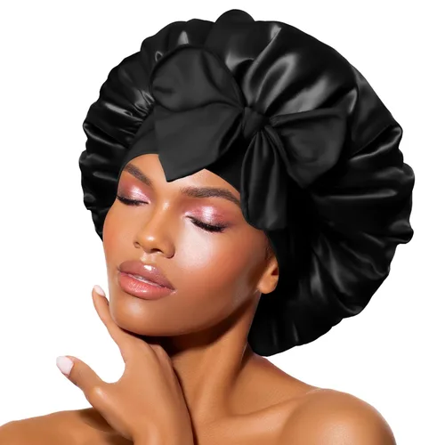 Miniatura 37 de Gorro de satén de seda para dormir con banda ancha para cabello rizado, color rosado oro rosa claro