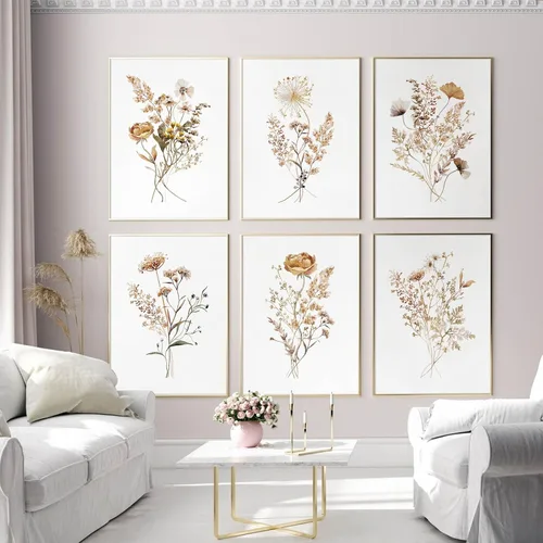 Miniatura 5 de Juego de 6 arte de pared de flores de acuarela con diseño botánico de flores silvestres, arte de pared en lienzo neutro bohemio, impresiones