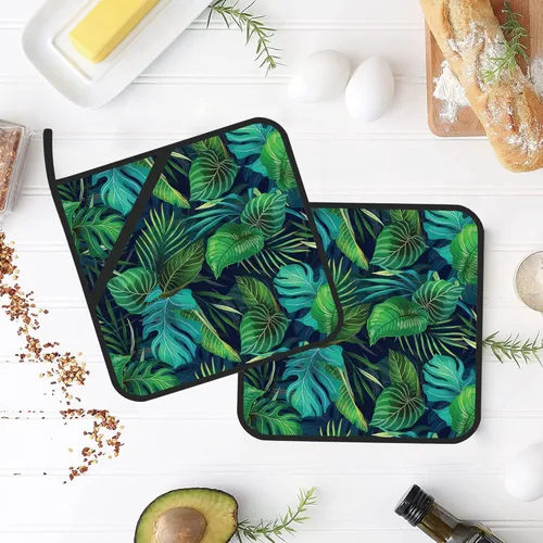 Miniatura 4 de Juego de 2 soportes para ollas de hojas tropicales verdes, resistentes al calor, para microondas, hornear, horno, platos finales y barbacoa