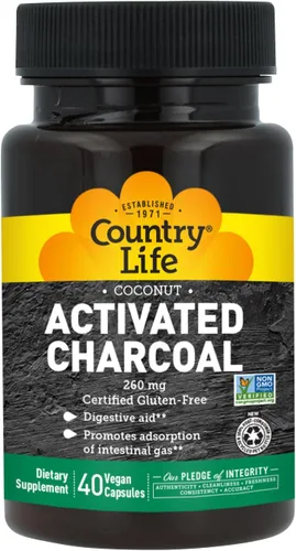 Miniatura 2 de Country Life Cápsulas de carbón activado de coco, 260 mg – Suplemento de carbón natural para aliviar los gases y la hinchazón – Sin gluten, 40