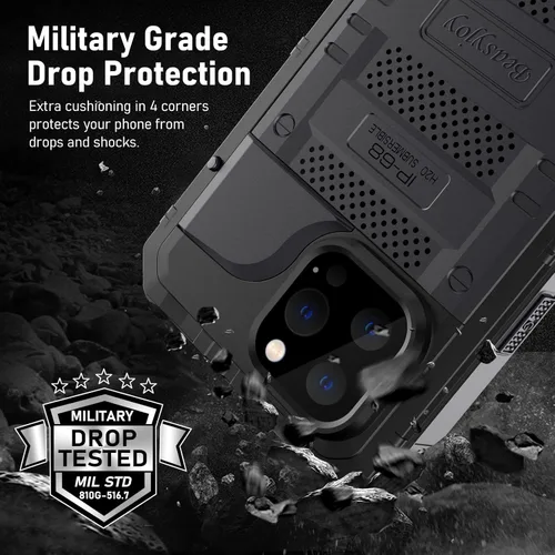 Miniatura 4 de Beasyjoy - Funda impermeable para iPhone 13 Pro, carcasa de metal con protector de pantalla integrado, carcasa protectora de cuerpo completo de Negro