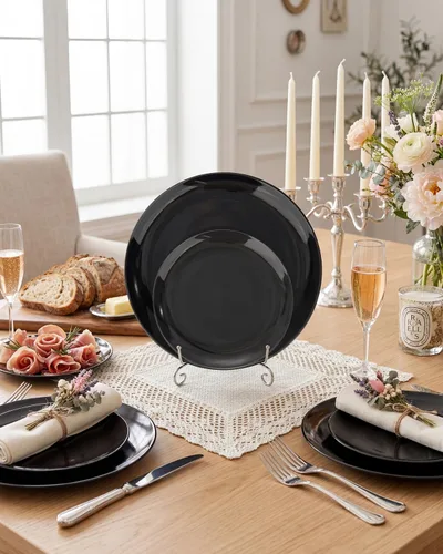 Miniatura 7 de PULOTE 100 piezas de platos de plástico negro desechables - Premium resistente 50 platos negros para cena, 50 platos para postre/ensalada - Ideal
