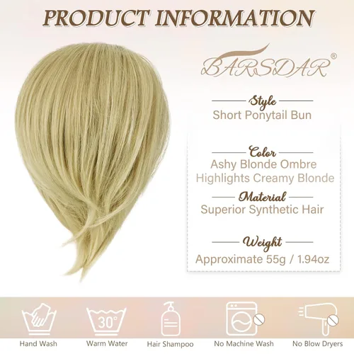 Miniatura 4 de BARSDAR Extensiones de moño de cabello lacio – Extensiones de moño de cabello rubio lacio corto para mujer, extensiones de moño sintético elástico