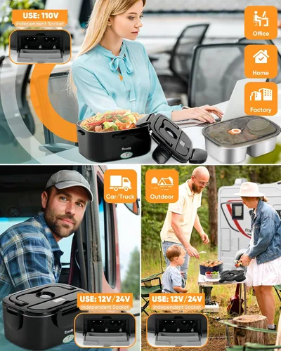 Miniatura 2 de Eocolz Fiambrera eléctrica calentador de alimentos de 80-100 W, calentador de alimentos con doble contenedor, 1.5L, lonchera portátil calentada