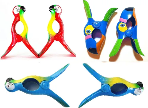 Juego de 3 (6 unidades) de loros azules, loro rojo, pinzas de toalla de playa de tucán tamaño jumbo para silla de playa, crucero, patio de playa,
