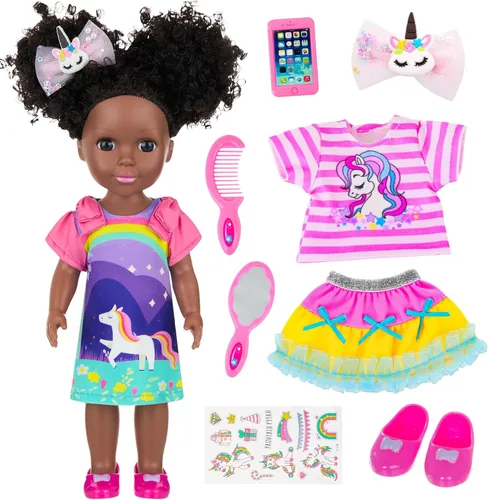 Ecore Fun Muñeca Negra de 14 Pulgadas con Accesorios de Ropa para Muñeca Bebé Negra – Incluyendo Vestido, Blusa, Falda, Zapatos, Peine, Espejo,