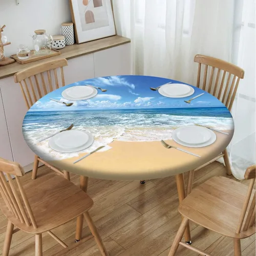 Miniatura 9 de Mantel con patrón de playa, borde elástico, impermeable, lavable, para uso en interiores y exteriores, patio, turquesa aguamarina, para mesas