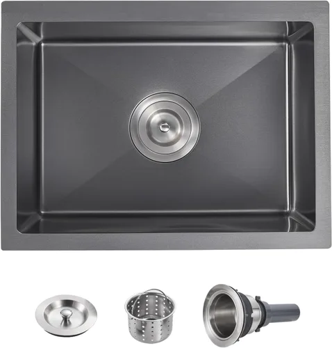 POPFLY Fregadero de cocina de montaje inferior de 20 pulgadas, fregadero de acero inoxidable 304 de 20 x 17 pulgadas, calibre 18, cuenco cuadrado