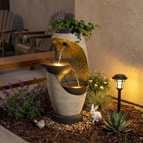 Bumilgar - Fuente de agua de 2 niveles con luces LED, fuente de cascada de 27.95" de altura, independiente para jardín al aire libre y en