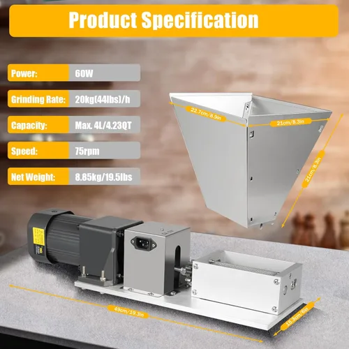 Miniatura 6 de Molino de malta de 60W 110V Molino eléctrico de grano molino, DY368 inoxidable 2 rodillos molino de grano con tolva de 11LB molino de cerveza casera