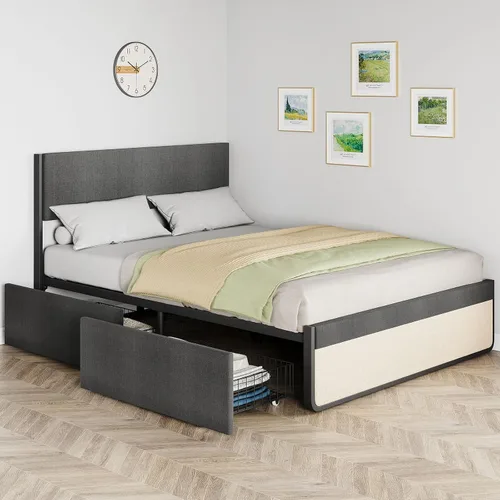 Miniatura 4 de Base de cama tamaño Queen con cabecera y 2 cajones de almacenamiento, base de colchón con soporte de listones de metal, no necesita somier, sin