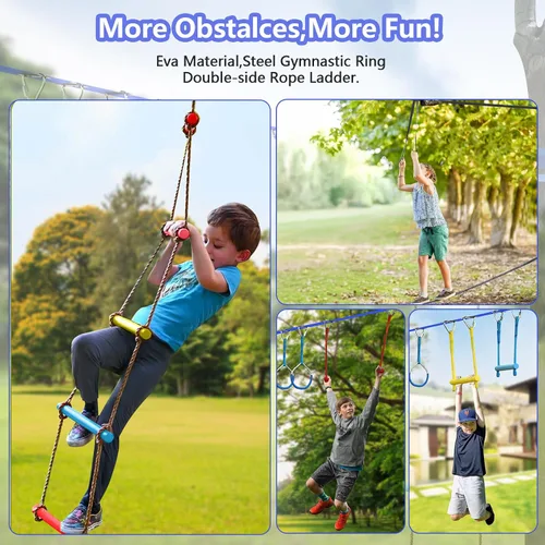 Miniatura 5 de Ninja Warrior - Carrera de obstáculos para niños, kit de línea floja de 2 x 56 pies con 10 accesorios ninja, barra de mono, escalera de cuerda