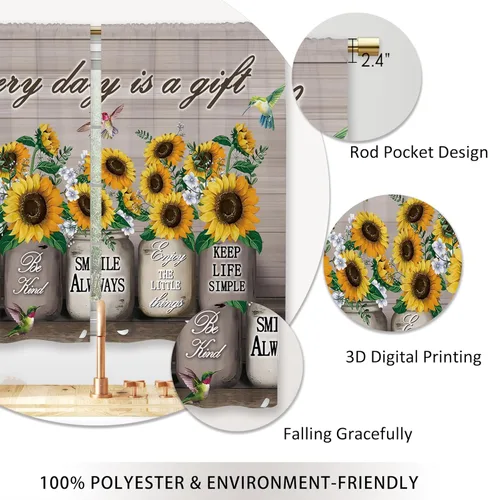 Miniatura 4 de Cortinas de Cocina de Girasol Estilo Granja, Cortinas de Ventana Cortas Pequeñas de Café con Flores Rústicas Florales del Campo, Cortinas de Ventana