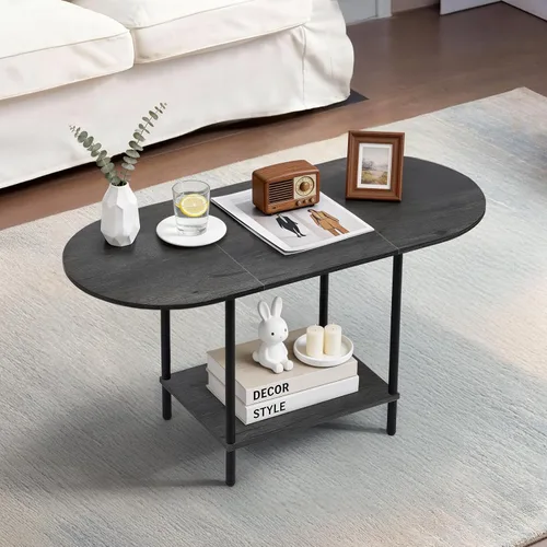 Miniatura 12 de Mesa de centro blanca para sala de estar, mesa central ovalada de mediados de siglo con estante de almacenamiento y superficie de madera, mesa de té